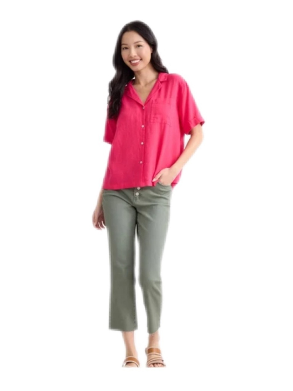 Time and Tru Magenta Linen Blend Short-Sleeve Button-Down Shirt